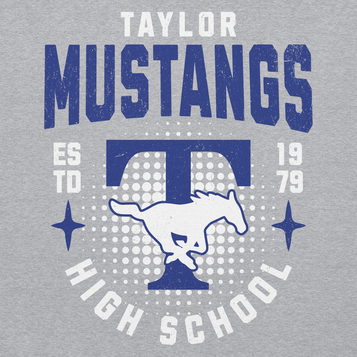 Close-up view of Taylor High School Mustangs Grey Classic Unisex Hoodie 204