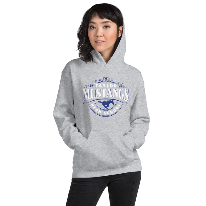 Woman wearing Taylor High School Mustangs Grey Classic Unisex Hoodie 211