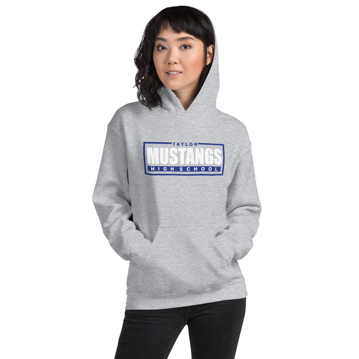 Woman wearing Taylor High School Mustangs Grey Classic Unisex Hoodie 049