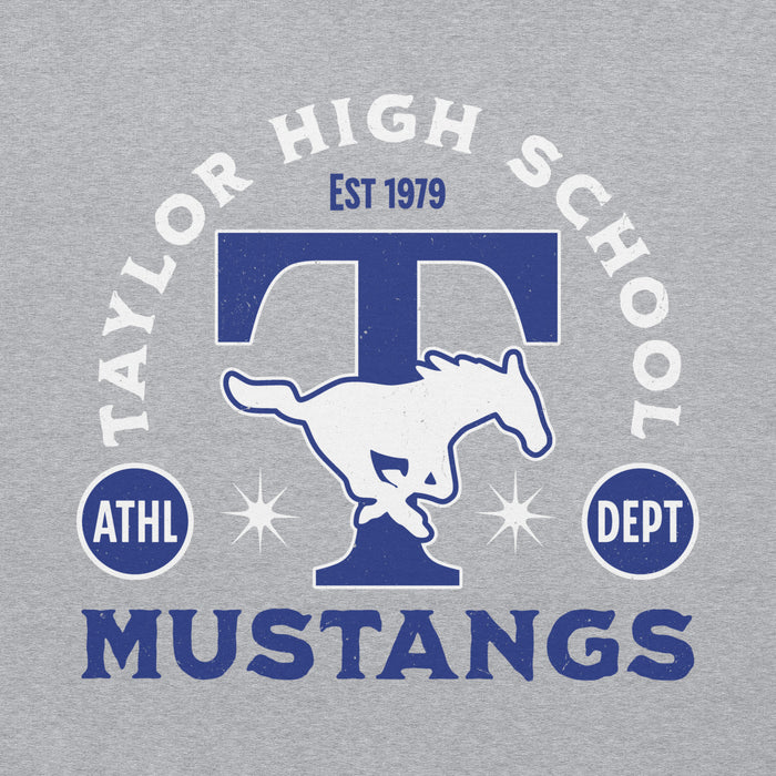 Close-up view of Taylor High School Mustangs Grey Classic Unisex Hoodie 208