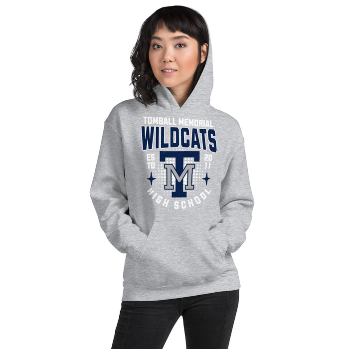 Woman wearing Tomball Memorial High School Wildcats Navy Classic Unisex Hoodie 204