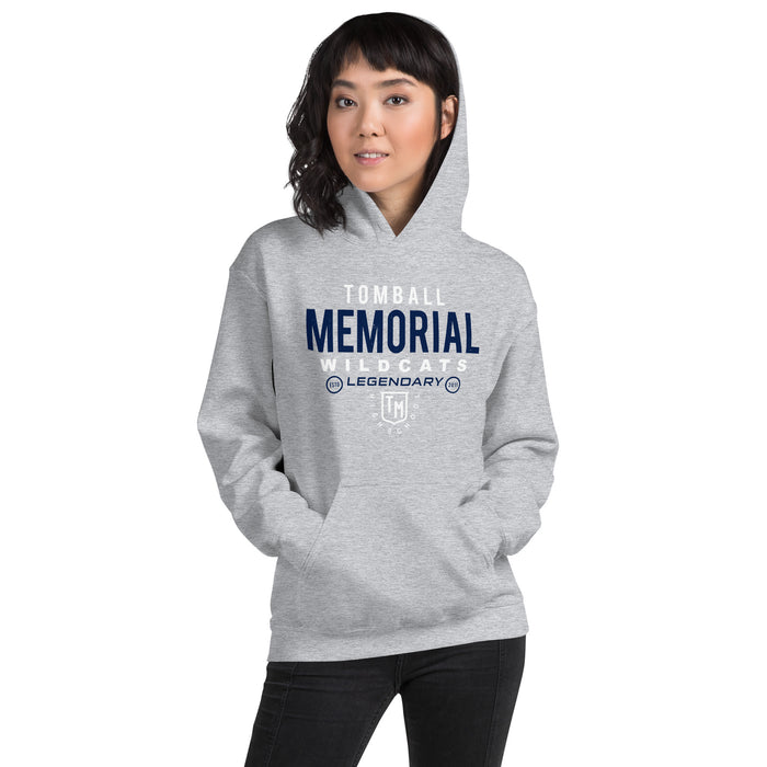 Woman wearing Tomball Memorial High School Wildcats Navy Classic Unisex Hoodie 003