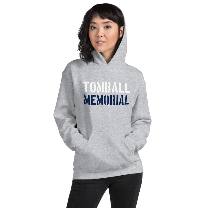 Woman wearing Tomball Memorial High School Wildcats Navy Classic Unisex Hoodie 017