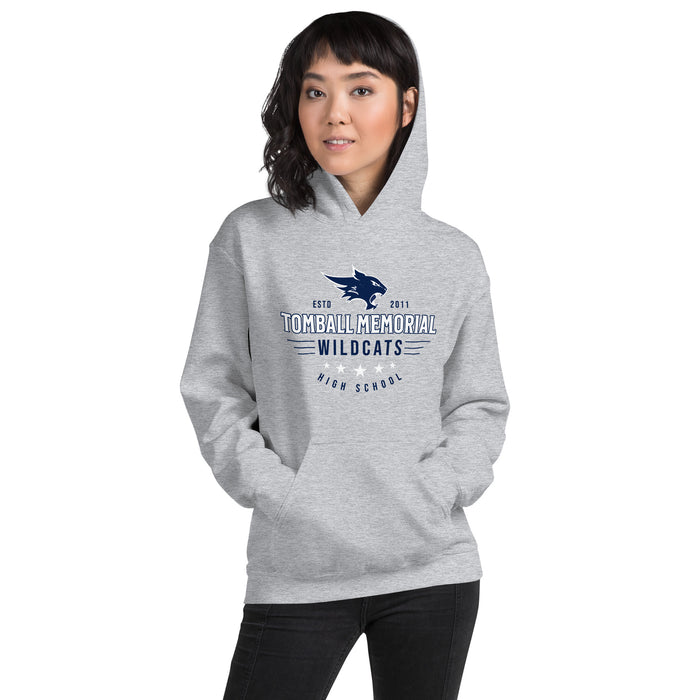 Woman wearing Tomball Memorial High School Wildcats Navy Classic Unisex Hoodie 217