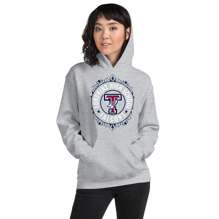 Woman wearing Tompkins High School Falcons Grey Classic Unisex Hoodie 227