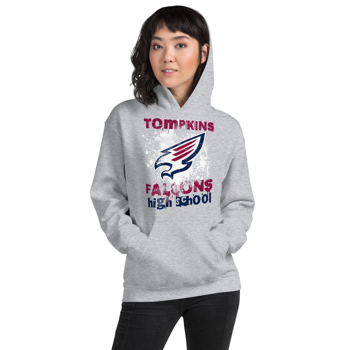 Woman wearing Tompkins High School Falcons Grey Classic Unisex Hoodie 205