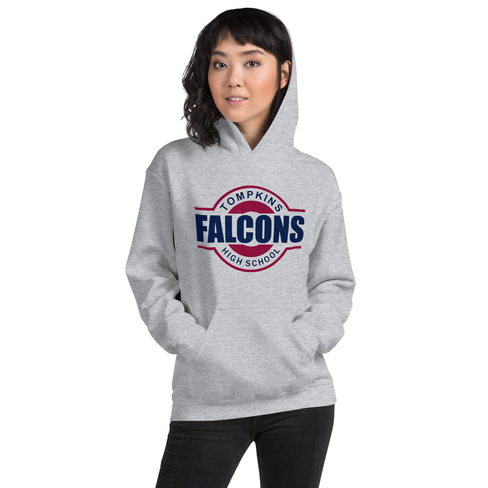 Woman wearing Tompkins High School Falcons Grey Classic Unisex Hoodie 011