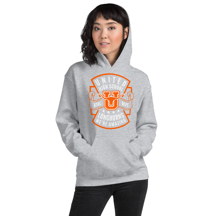 Woman wearing United High School Longhorns Grey Classic Unisex Hoodie 207