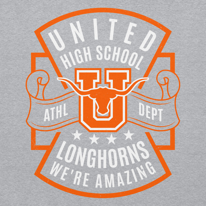 Close-up view of United High School Longhorns Grey Classic Unisex Hoodie 207