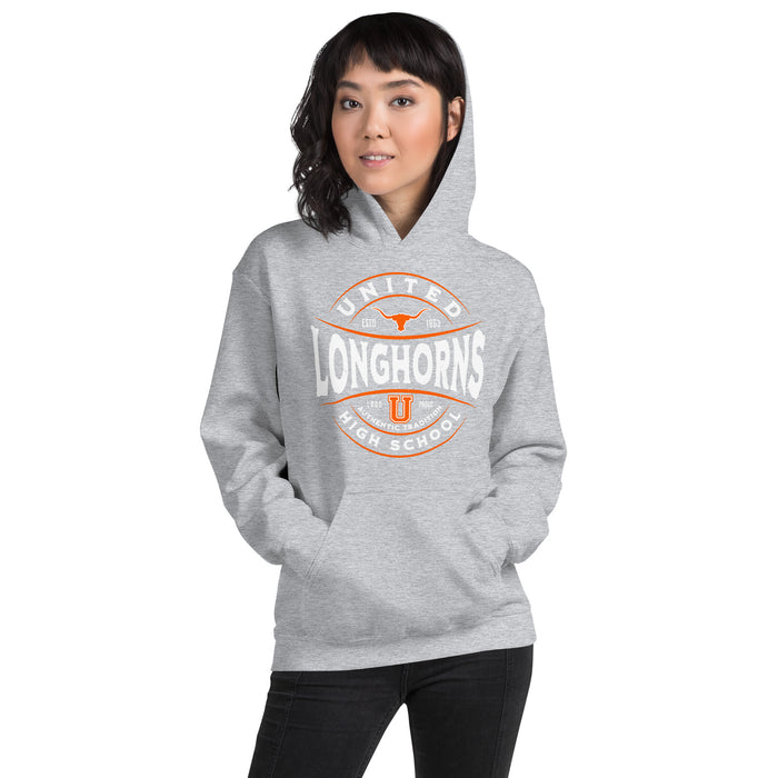 Woman wearing United High School Longhorns Grey Classic Unisex Hoodie 218