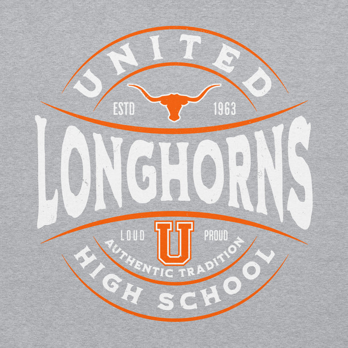 Close-up view of United High School Longhorns Grey Classic Unisex Hoodie 218