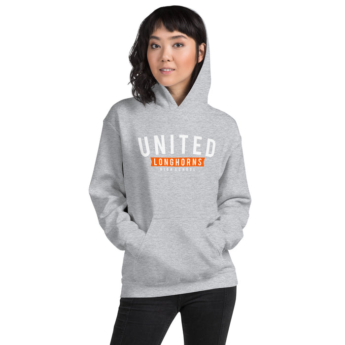 Woman wearing United High School Longhorns Grey Classic Unisex Hoodie 021