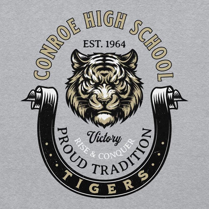 Close-up view of Conroe High School Tigers Sport Grey Classic Unisex Hoodie 229