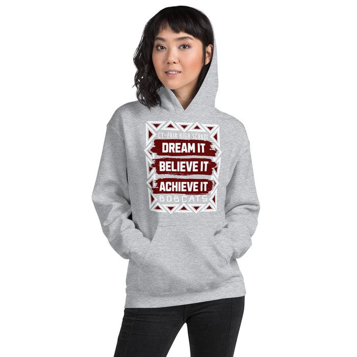 Woman wearing  Cy-Fair High School Bobcats Sport Grey Classic Unisex Hoodie 228