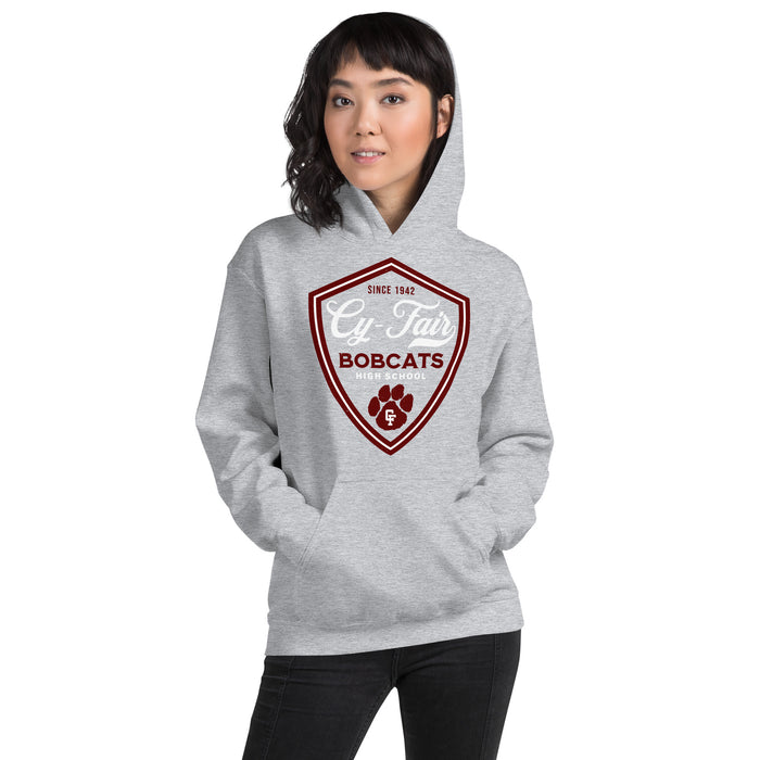 Woman wearing Cy-Fair High School Bobcats Sport Grey Classic Unisex Hoodie 225