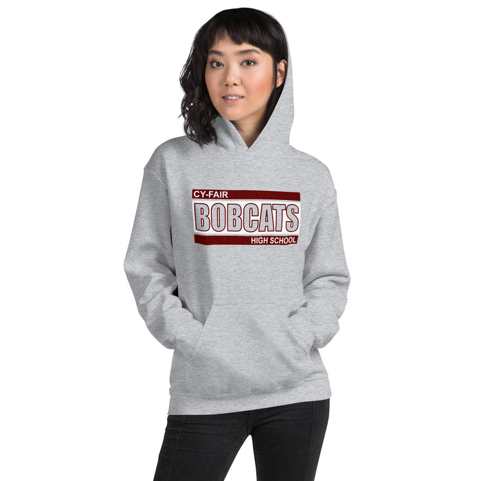 Woman wearing Cy-Fair High School Bobcats Sport Grey Classic Unisex Hoodie 098