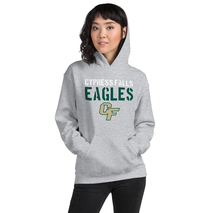 Woman wearing Cypress Falls High School Eagles Heather Grey Classic Unisex Hoodie 017