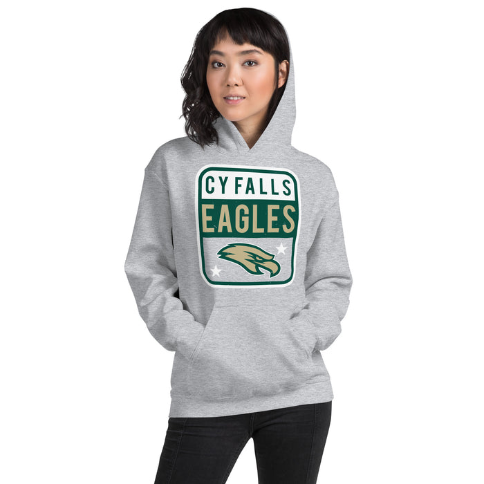 Woman wearing Cypress Falls High School Eagles Heather Grey Classic Unisex Hoodie 001