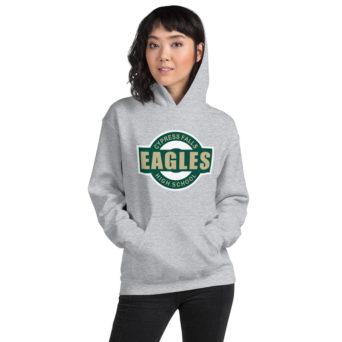 Woman wearing Cypress Falls High School Eagles Heather Grey Classic Unisex Hoodie 011