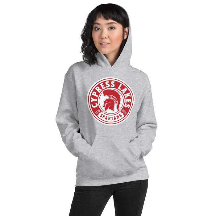 Woman wearing Cypress Lakes High School Spartans Heather Grey Classic Unisex Hoodie 220