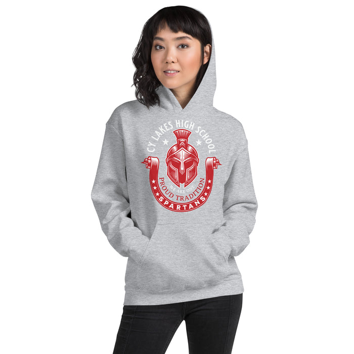 Woman wearing Cypress Lakes High School Spartans Heather Grey Classic Unisex Hoodie 229