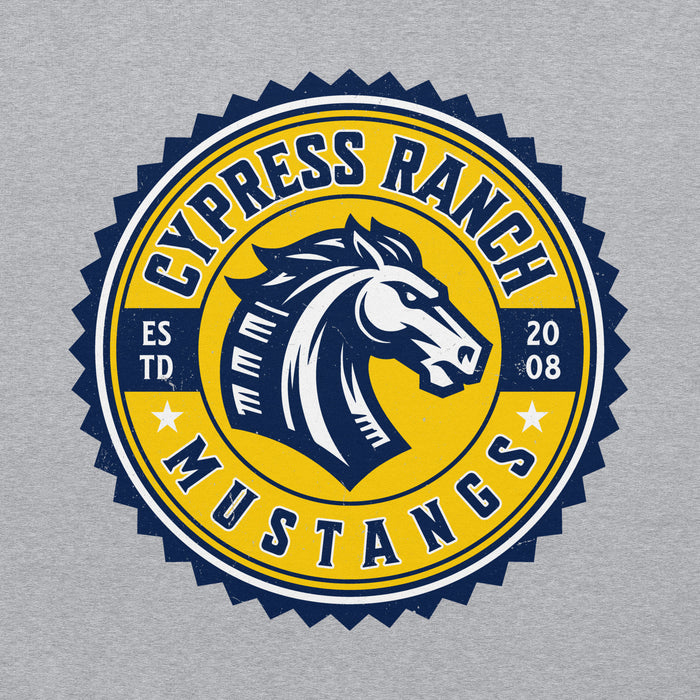 Close-up view of Cypress Ranch High School Mustangs Heather Grey Classic Unisex Hoodie 203