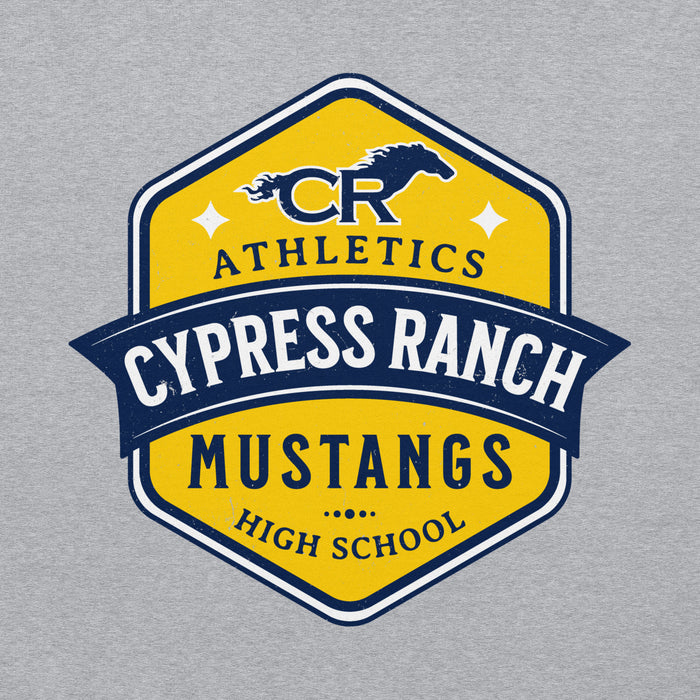 Close-up view of Cypress Ranch High School Mustangs Heather Grey Classic Unisex Hoodie 209