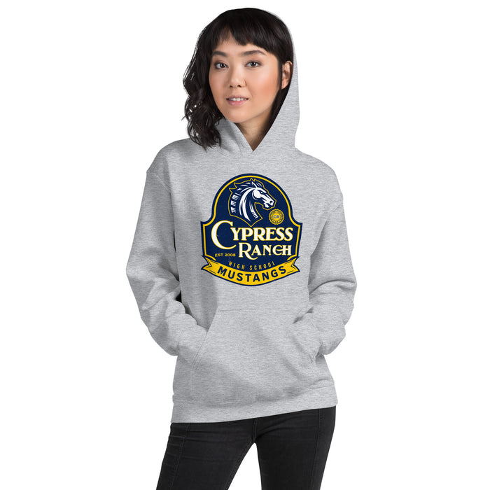 Woman wearing Cypress Ranch High School Mustangs Heather Grey Classic Unisex Hoodie 219