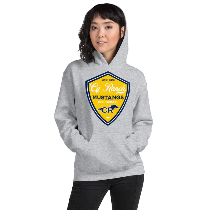 Woman wearing Cypress Ranch High School Mustangs Heather Grey Classic Unisex Hoodie 225