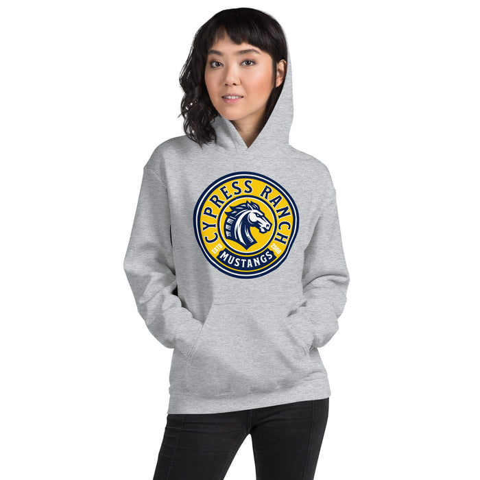 Woman wearing Cypress Ranch High School Mustangs Heather Grey Classic Unisex Hoodie 220