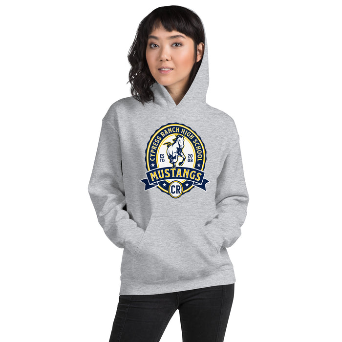Woman wearing Cypress Ranch High School Mustangs Heather Grey Classic Unisex Hoodie 212