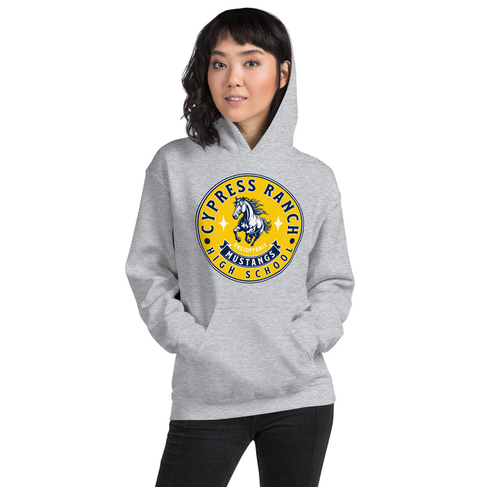 Woman wearing Cypress Ranch High School Mustangs Heather Grey Classic Unisex Hoodie 215
