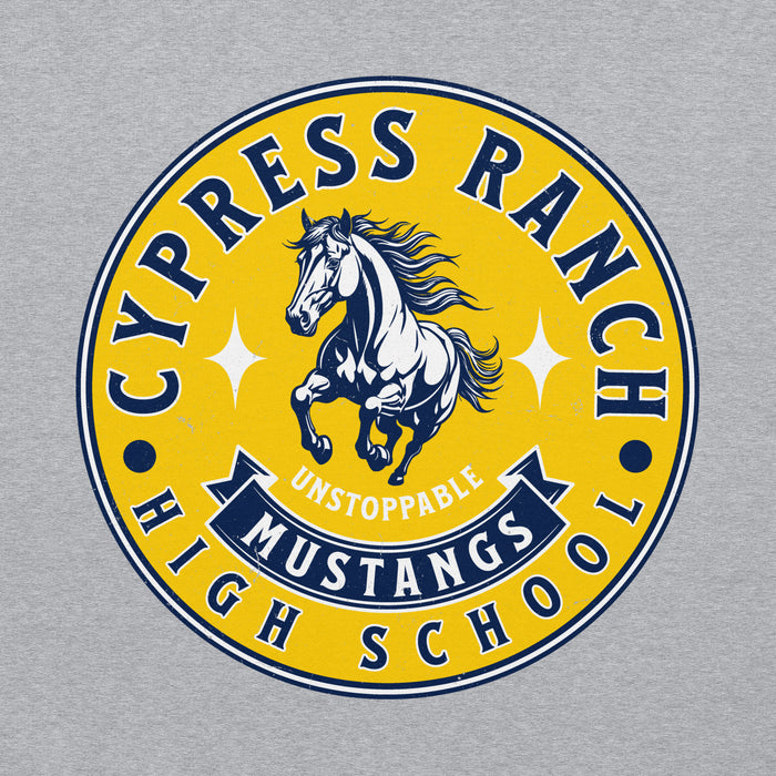 Close-up view of Cypress Ranch High School Mustangs Heather Grey Classic Unisex Hoodie 215