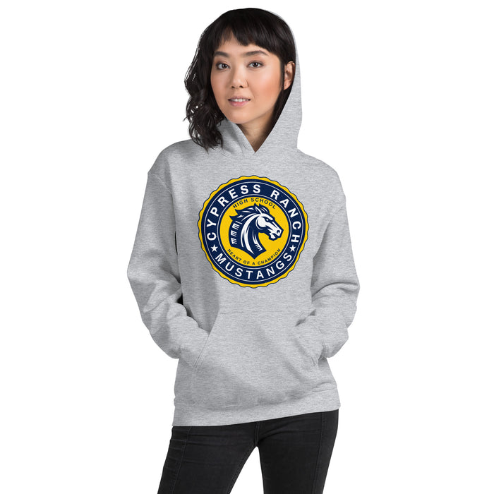 Woman wearing Cypress Ranch High School Mustangs Heather Grey Classic Unisex Hoodie 216