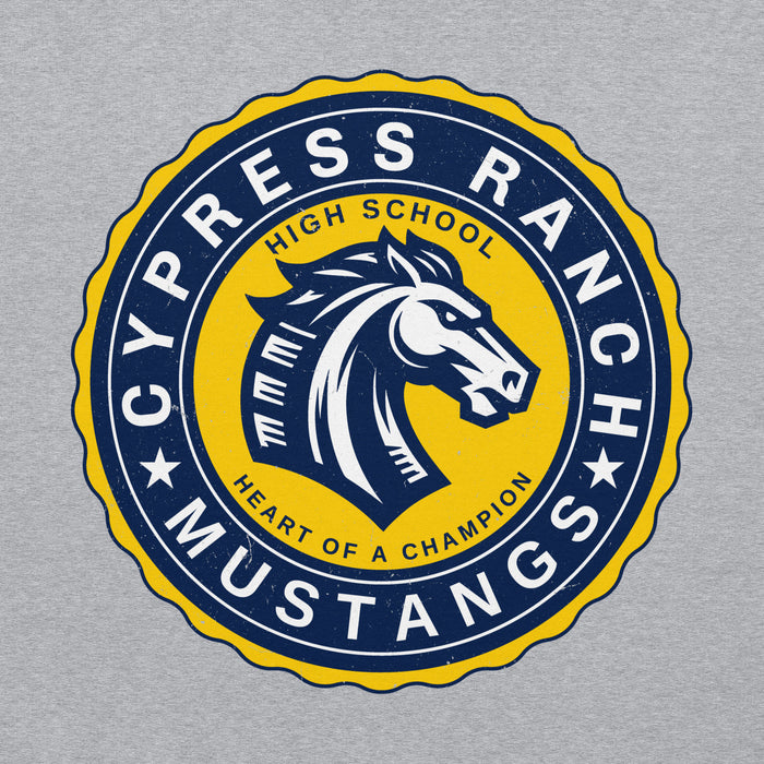 Close-up view of Cypress Ranch High School Mustangs Heather Grey Classic Unisex Hoodie 216
