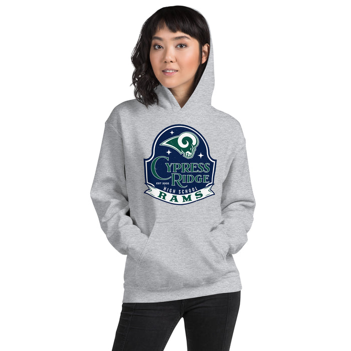 Woman wearing Cypress Ridge High School Rams Sport Heather Classic Unisex Hoodie 219