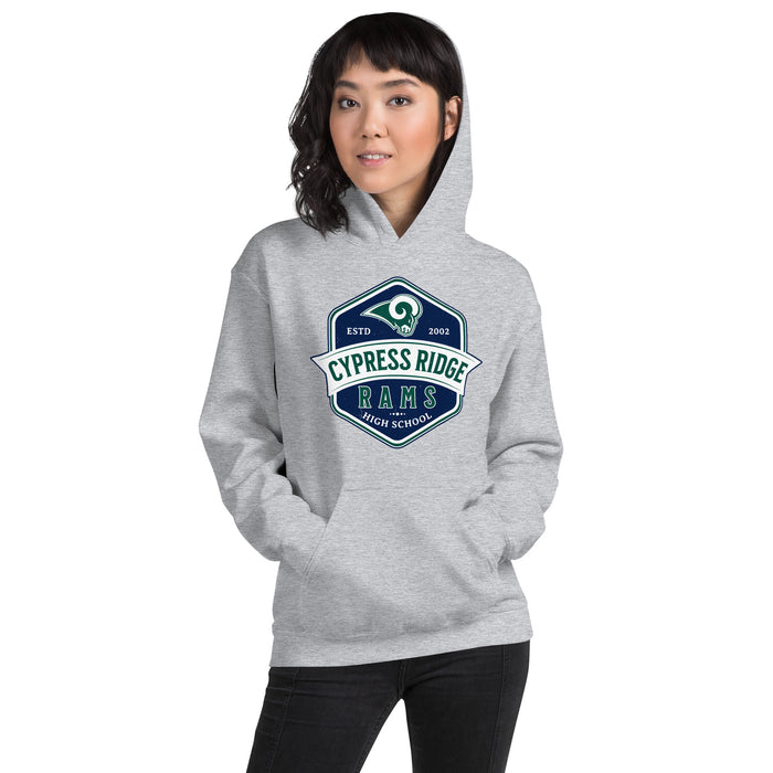 Woman wearing Cypress Ridge High School Rams Sport Heather Classic Unisex Hoodie 209