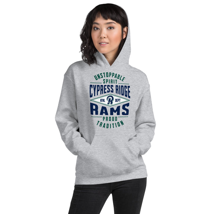 Woman wearing Cypress Ridge High School Rams Sport Heather Classic Unisex Hoodie 210
