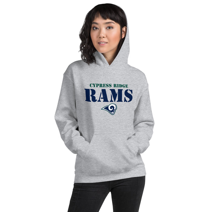 Woman wearing Cypress Ridge High School Rams Sport Heather Classic Unisex Hoodie 017