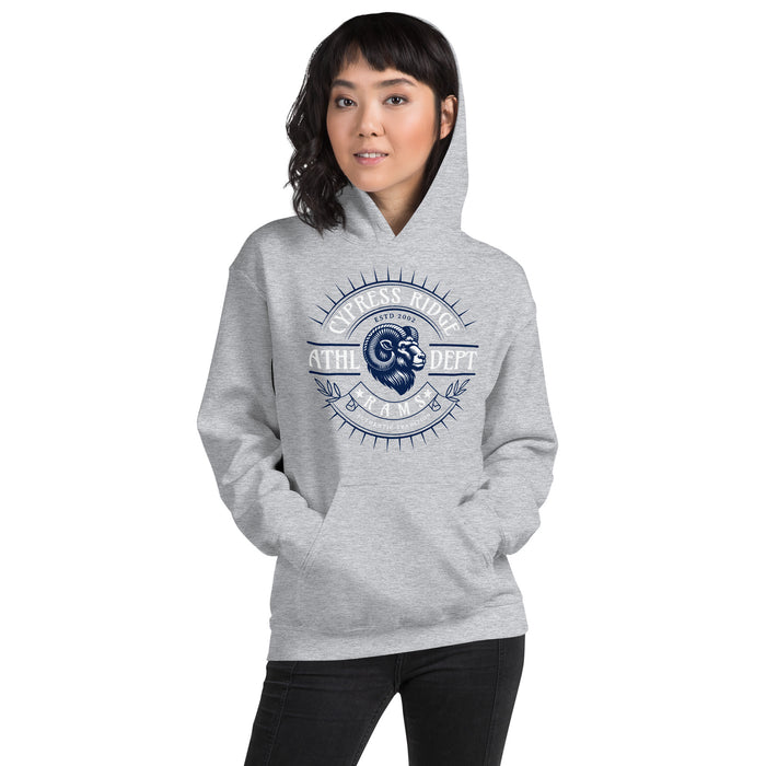 Woman wearing Cypress Ridge High School Rams Sport Heather Classic Unisex Hoodie 201