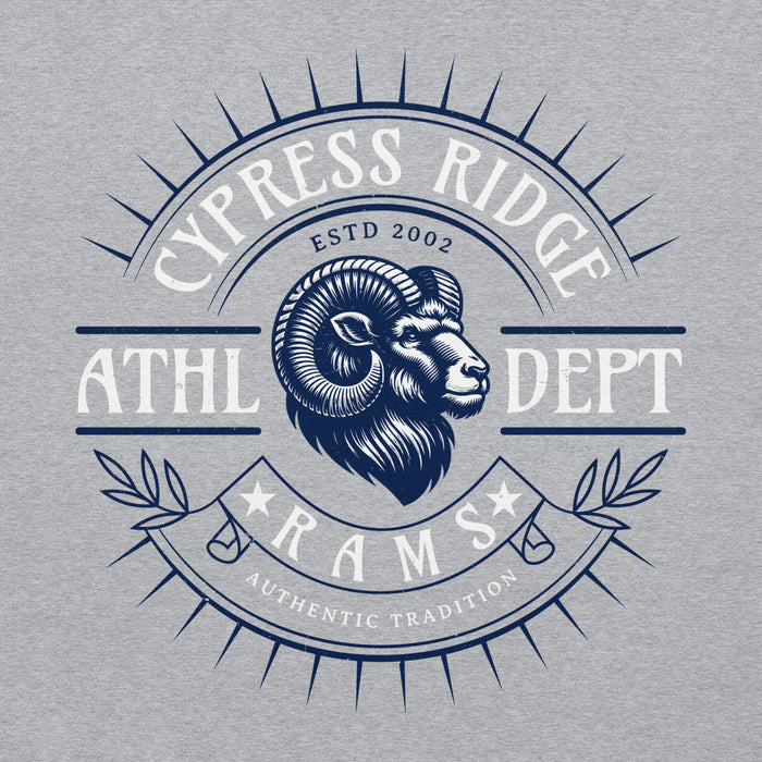 Close-up view of Cypress Ridge High School Rams Sport Heather Classic Unisex Hoodie 201