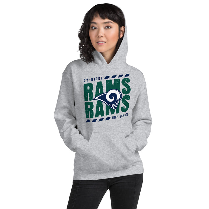 Woman wearing Cypress Ridge High School Rams Sport Heather Classic Unisex Hoodie 223