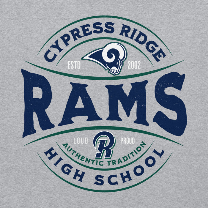 Close-up view of Cypress Ridge High School Rams Sport Heather Classic Unisex Hoodie 218