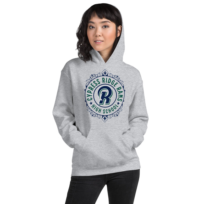 Woman wearing Cypress Ridge High School Rams Sport Heather Classic Unisex Hoodie 227
