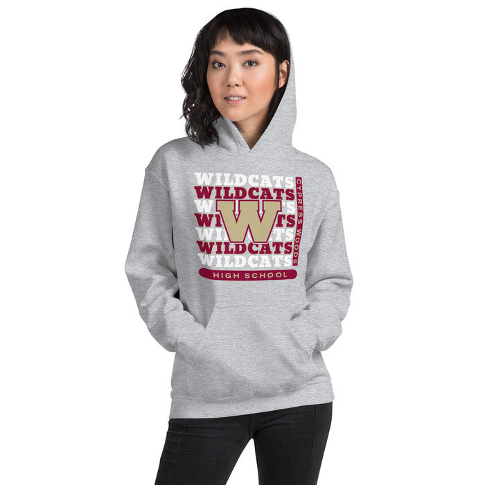 Woman wearing Cypress Woods High School Wildcats Heather Grey Classic Unisex Hoodie 235