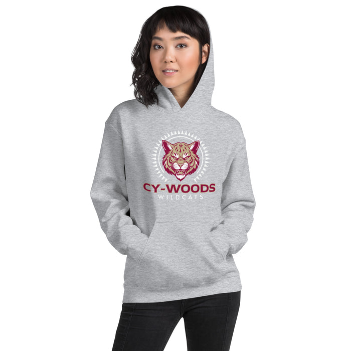 Woman wearing Cypress Woods High School Wildcats Heather Grey Classic Unisex Hoodie 226