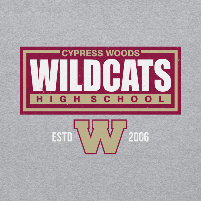 Close-up view of Cypress Woods High School Wildcats Heather Grey Classic Unisex Hoodie 049