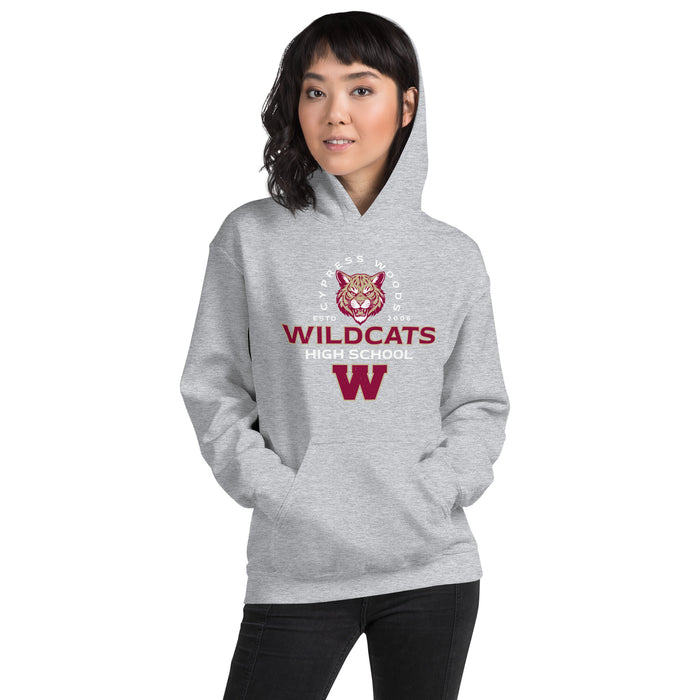 Woman wearing Cypress Woods High School Wildcats Heather Grey Classic Unisex Hoodie 222