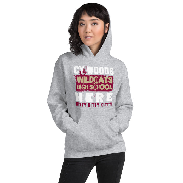 Woman wearing Cypress Woods High School Wildcats Heather Grey Classic Unisex Hoodie 231