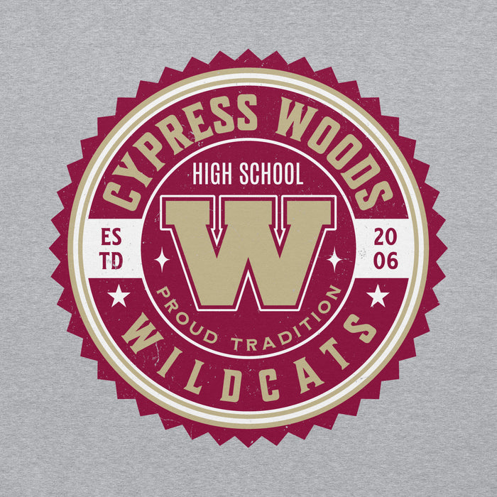 Close-up view of Cypress Woods High School Wildcats Heather Grey Classic Unisex Hoodie 203